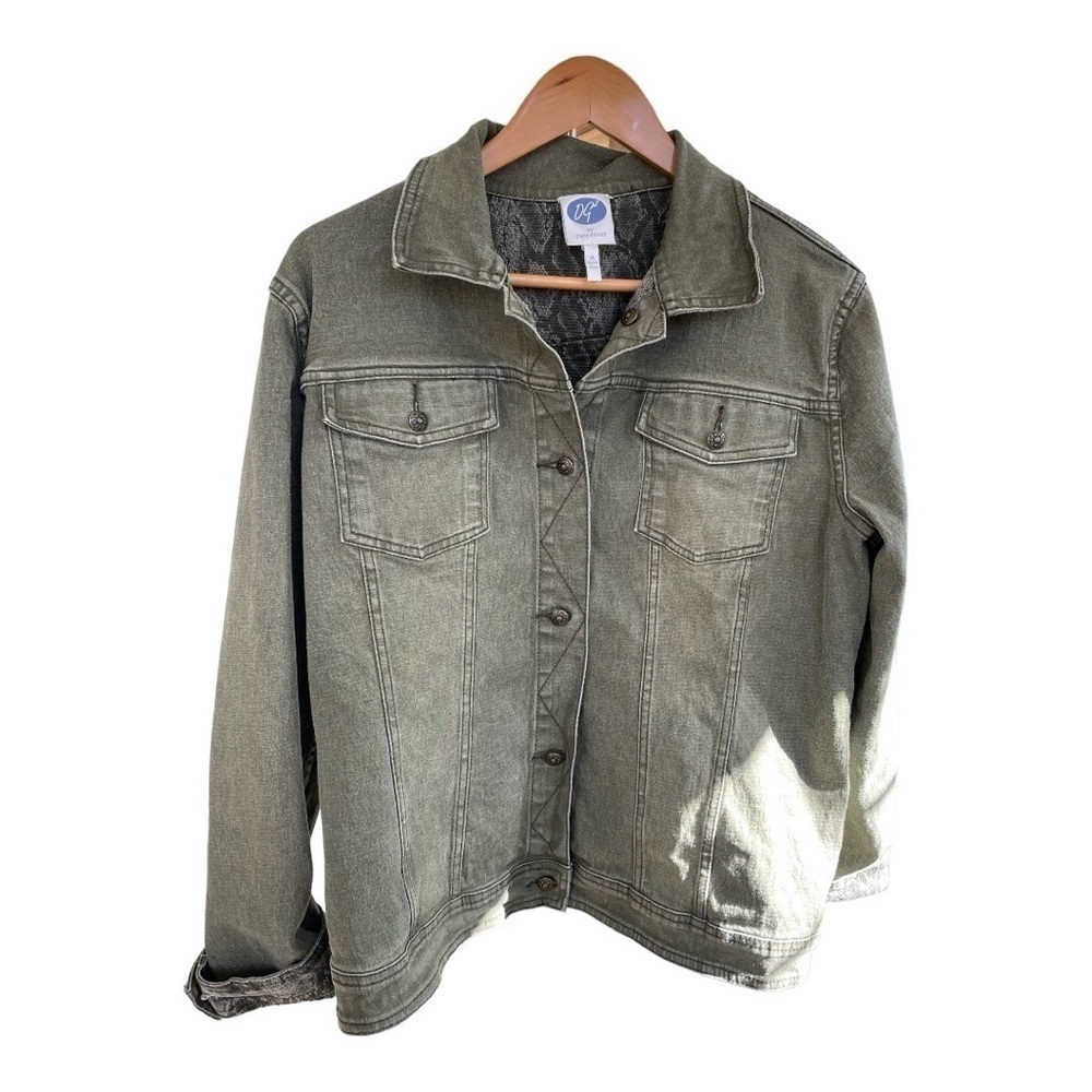 DG2, jeans jacket size XL, reversible solid green to snakeskin print, EUC